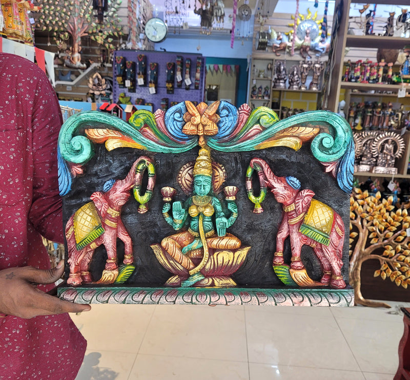 Goddess Gajalakshmi Wooden Wall Panel Frame 18 Inch Wall Hanging Mahogany Wood Carving Traditional Chettinad Indian Handicrafts (12 H x 17.5 L x 2 W inches)