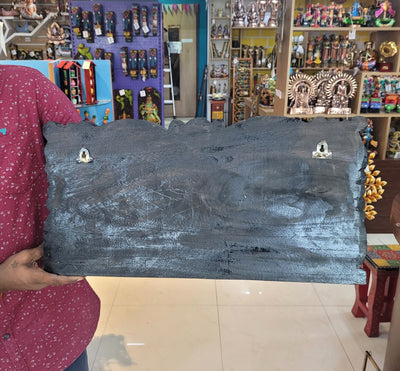 Goddess Gajalakshmi Wooden Wall Panel Frame 24 Inch Wall Hanging Design 1 Blue Elephants Mahogany Wood Carving Traditional Chettinad Indian Handicrafts (12 H x 23.5 L x 2 W inches)