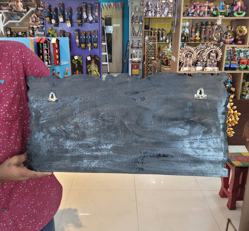 Goddess Gajalakshmi Wooden Wall Panel Frame 24 Inch Wall Hanging Design 1 Blue Elephants Mahogany Wood Carving Traditional Chettinad Indian Handicrafts (12 H x 23.5 L x 2 W inches)