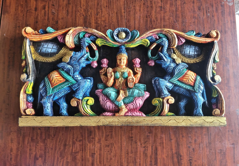 Goddess Gajalakshmi Wooden Wall Panel Frame 24 Inch Wall Hanging Design 1 Blue Elephants Mahogany Wood Carving Traditional Chettinad Indian Handicrafts (12 H x 23.5 L x 2 W inches)