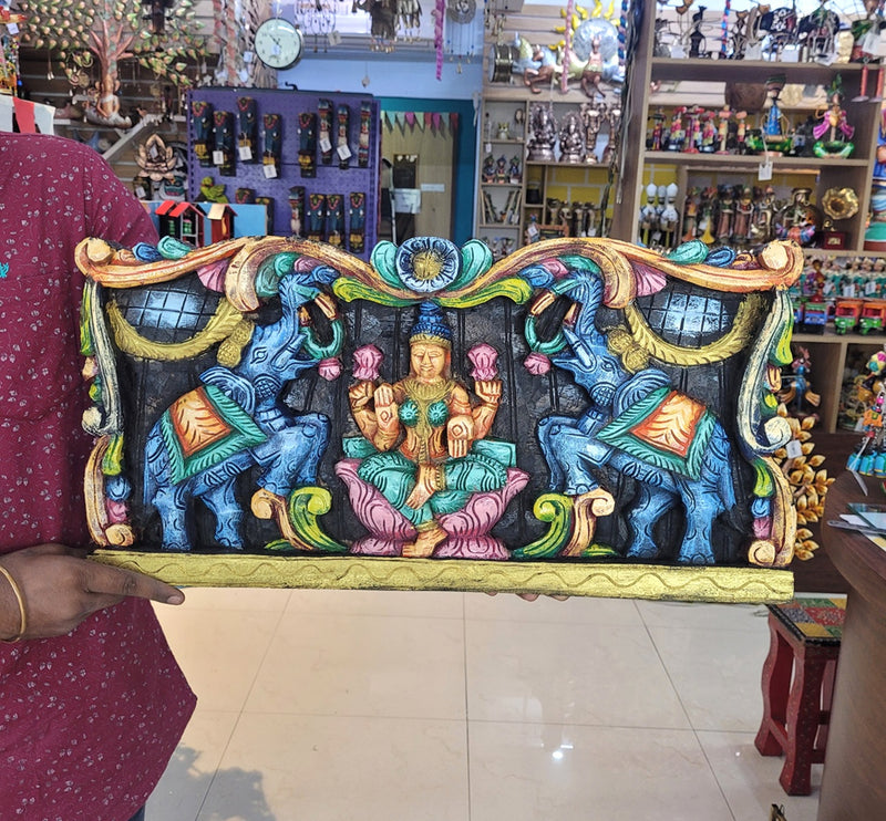 Goddess Gajalakshmi Wooden Wall Panel Frame 24 Inch Wall Hanging Design 1 Blue Elephants Mahogany Wood Carving Traditional Chettinad Indian Handicrafts (12 H x 23.5 L x 2 W inches)