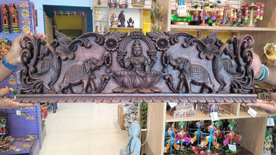 Gajalakshmi Rosewood Colour Mahogany Wood Carving Wall Panel Hanging 3 feet x 1 feet Design 3 Chettinad South Indian Traditional Home Decor Puja Room Decor Entrance Decor (12H x 38Lx 2W Inches)