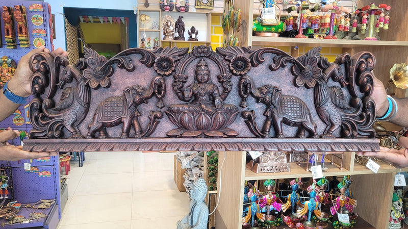 Gajalakshmi Rosewood Colour Mahogany Wood Carving Wall Panel Hanging 3 feet x 1 feet Design 3 Chettinad South Indian Traditional Home Decor Puja Room Decor Entrance Decor (12H x 38Lx 2W Inches)