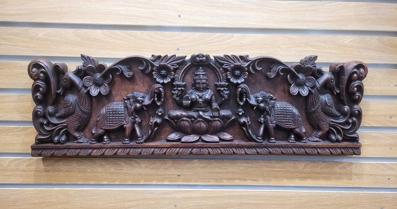 Gajalakshmi Rosewood Colour Mahogany Wood Carving Wall Panel Hanging 3 feet x 1 feet Design 3 Chettinad South Indian Traditional Home Decor Puja Room Decor Entrance Decor (12H x 38Lx 2W Inches)