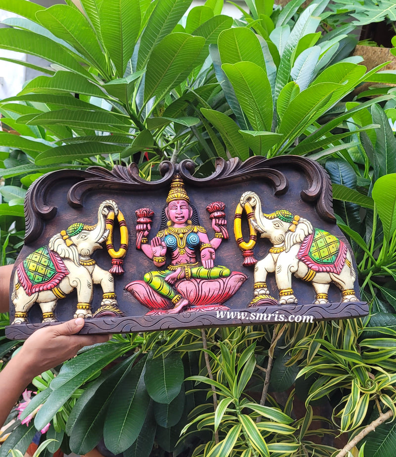 Goddess Gajalakshmi White Elephants Wooden Wall Panel / Frame 24 Inch Design 1 Wall Hanging Mahogany Wood Carving Traditional Chettinad Indian Handicrafts (12 H x 24 L x 2 W inches)