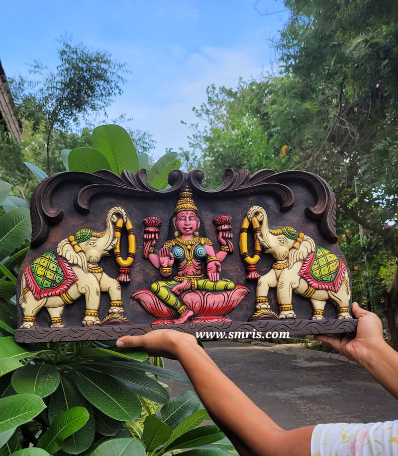 Goddess Gajalakshmi White Elephants Wooden Wall Panel / Frame 24 Inch Design 1 Wall Hanging Mahogany Wood Carving Traditional Chettinad Indian Handicrafts (12 H x 24 L x 2 W inches)