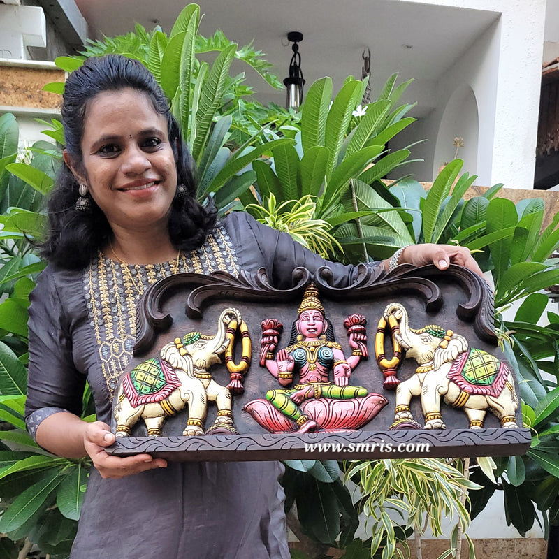 Goddess Gajalakshmi White Elephants Wooden Wall Panel / Frame 24 Inch Design 1 Wall Hanging Mahogany Wood Carving Traditional Chettinad Indian Handicrafts (12 H x 24 L x 2 W inches)