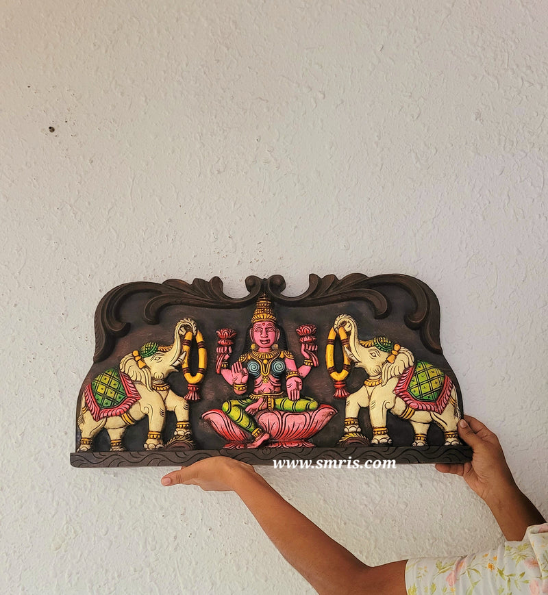 Goddess Gajalakshmi White Elephants Wooden Wall Panel / Frame 24 Inch Design 1 Wall Hanging Mahogany Wood Carving Traditional Chettinad Indian Handicrafts (12 H x 24 L x 2 W inches)
