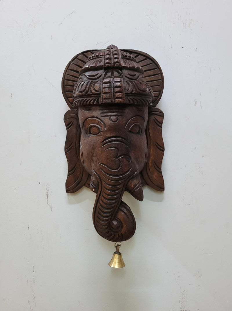 Lord Ganesha Vinayagar Mask Wooden Sculpture 9 Inch Wall Handing Decor Pooja Idol Mahogany Wood Carving Traditional Chettinad Indian Handicrafts (9 H x 5 L x 2.5 W inches)