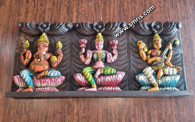 Wood carving Lakshmi Ganesha Saraswathy Wooden Wall Panel Frame 24 Inch Wall Hanging Vagai Wood Carving Traditional Chettinad Indian Handicrafts (11 H x 24 L x 2 W inches)