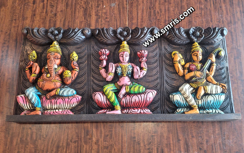 Wood carving Lakshmi Ganesha Saraswathy Wooden Wall Panel Frame 24 Inch Wall Hanging Vagai Wood Carving Traditional Chettinad Indian Handicrafts (11 H x 24 L x 2 W inches)
