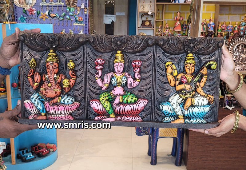 Wood carving Lakshmi Ganesha Saraswathy Wooden Wall Panel Frame 24 Inch Wall Hanging Vagai Wood Carving Traditional Chettinad Indian Handicrafts (11 H x 24 L x 2 W inches)