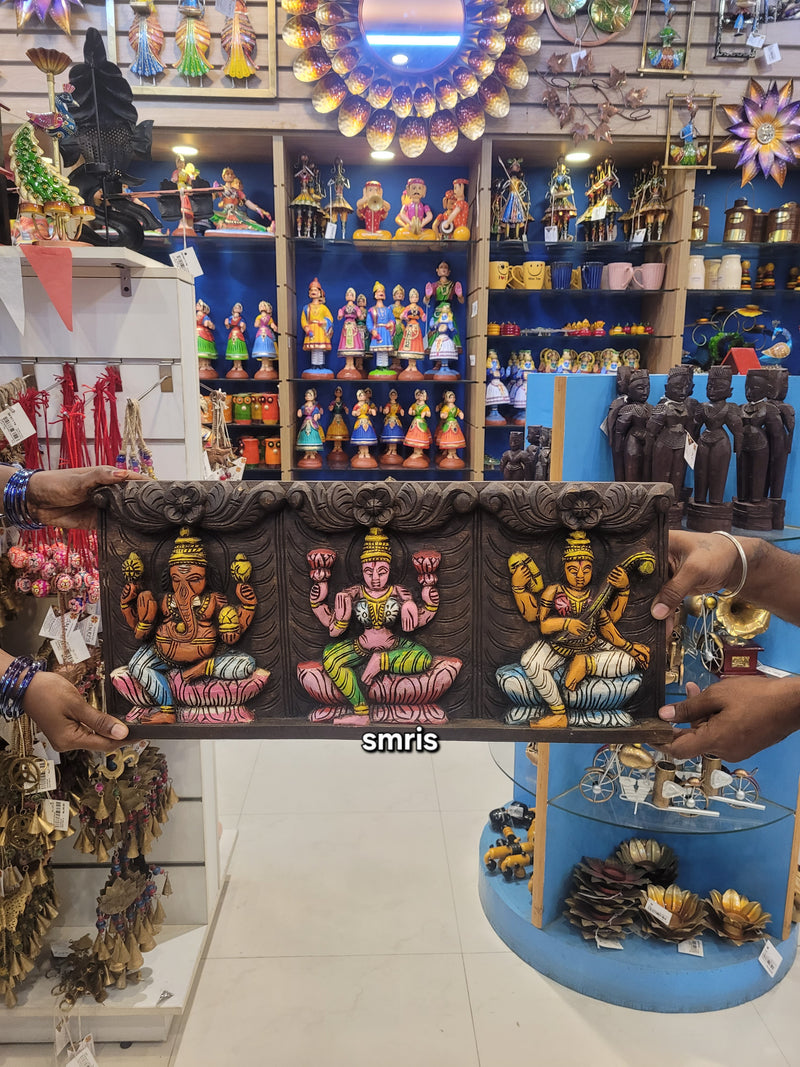 Wood carving Lakshmi Ganesha Saraswathy Wooden Wall Panel Frame 24 Inch Wall Hanging Vagai Wood Carving Traditional Chettinad Indian Handicrafts (11 H x 24 L x 2 W inches)