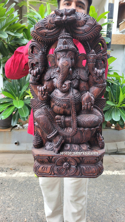 Lord Prabha Ganesha / Vinayagar Wooden Statue Sculpture & wall decor Idol Rosewood Colour 24 Inch Design 1 Vaagai Wooden Carving Pooja Idol Table Decor Traditional Chettinad Indian Handicrafts (24H x 12L x 4W Inches)