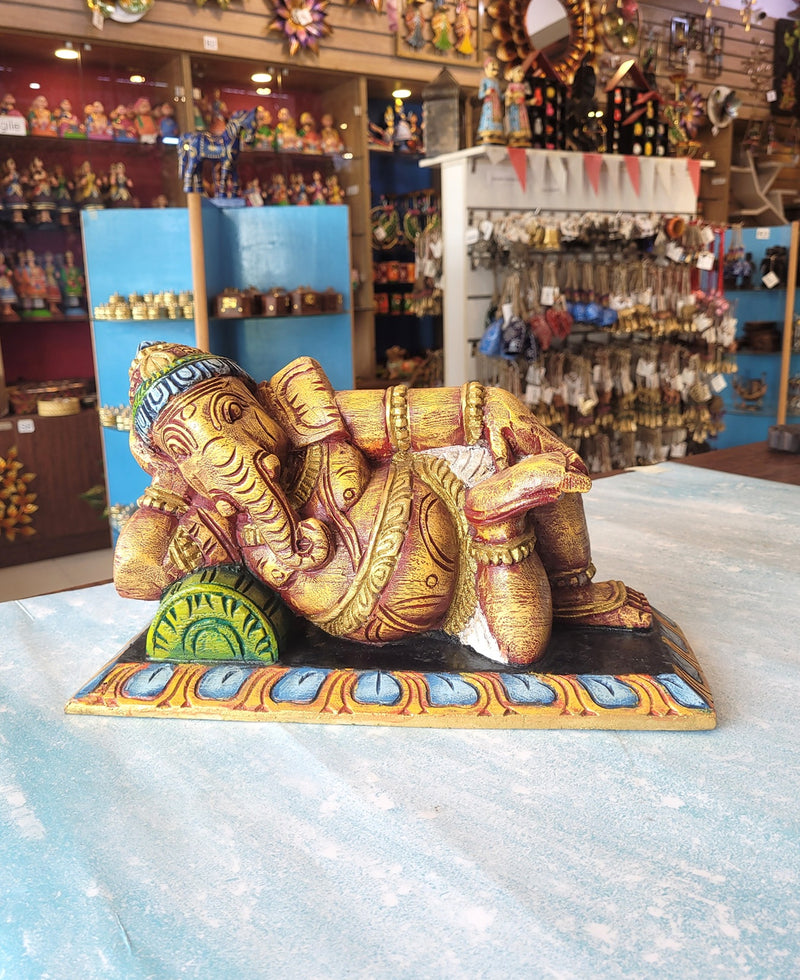 Relaxing Ganesha Resting Right Side Ganesha Idol Statue Pooja Idol Table Decor Mahogany Wood Carving Traditional Chettinad Indian Handicrafts (8 H x 15 L x 7 W inches)