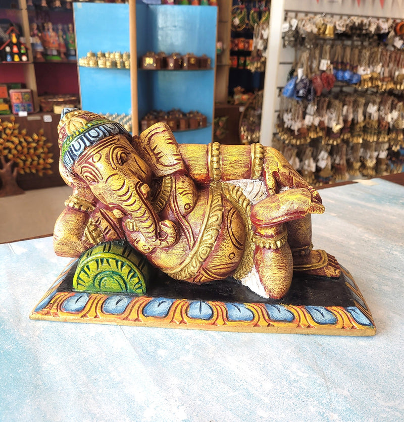 Relaxing Ganesha Resting Right Side Ganesha Idol Statue Pooja Idol Table Decor Mahogany Wood Carving Traditional Chettinad Indian Handicrafts (8 H x 15 L x 7 W inches)