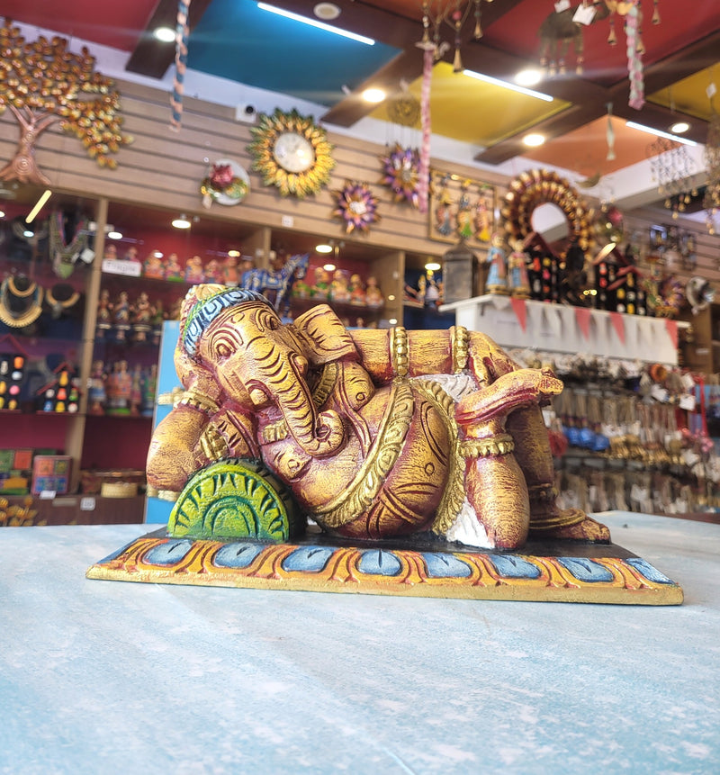 Relaxing Ganesha Resting Right Side Ganesha Idol Statue Pooja Idol Table Decor Mahogany Wood Carving Traditional Chettinad Indian Handicrafts (8 H x 15 L x 7 W inches)