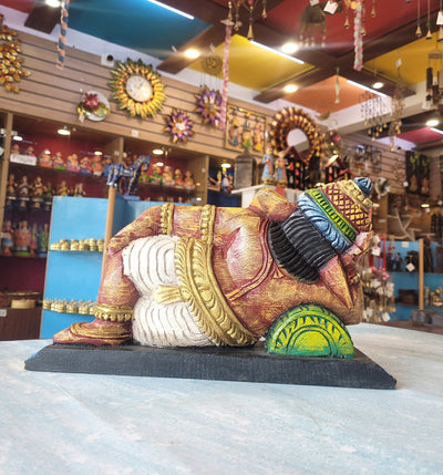 Relaxing Ganesha Resting Right Side Ganesha Idol Statue Pooja Idol Table Decor Mahogany Wood Carving Traditional Chettinad Indian Handicrafts (8 H x 15 L x 7 W inches)