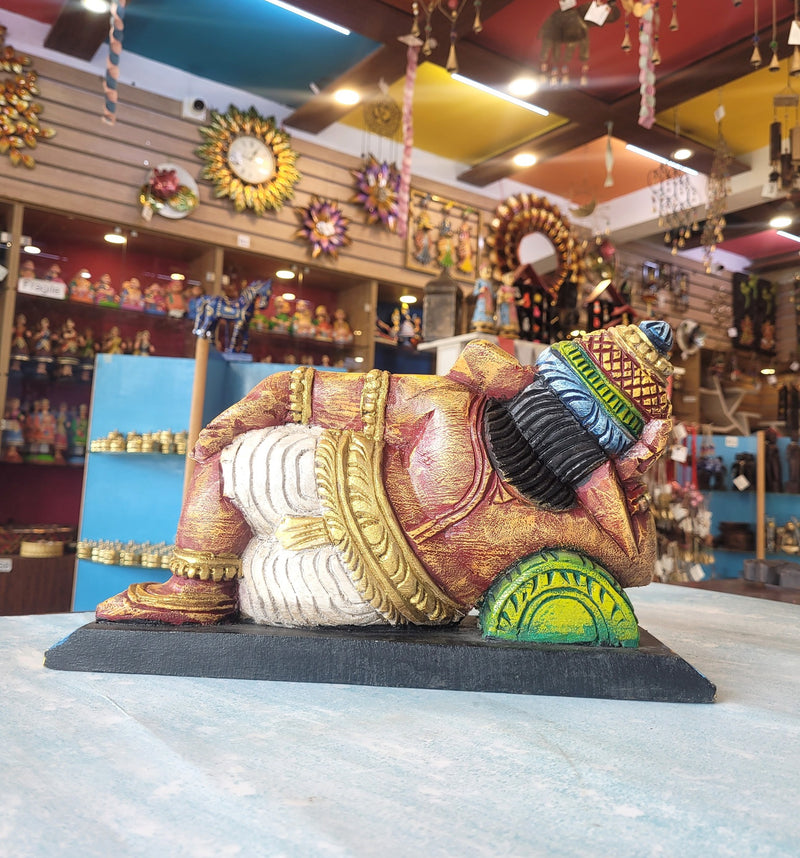 Relaxing Ganesha Resting Right Side Ganesha Idol Statue Pooja Idol Table Decor Mahogany Wood Carving Traditional Chettinad Indian Handicrafts (8 H x 15 L x 7 W inches)