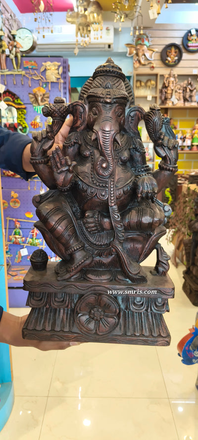 Lord Ganesha Vinayagar Big Wooden Statue Sculpture Idol Rosewood Colour 18 Inch Pooja Idol Table Decor Vaagai Wood Carving Traditional Chettinad Indian Handicrafts (18 H x 10 L x 4 W inches)