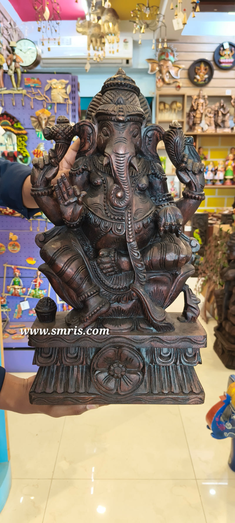 Lord Ganesha Vinayagar Big Wooden Statue Sculpture Idol Rosewood Colour 18 Inch Pooja Idol Table Decor Vaagai Wood Carving Traditional Chettinad Indian Handicrafts (18 H x 10 L x 4 W inches)