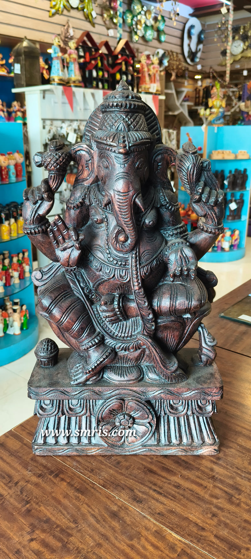 Lord Ganesha Vinayagar Big Wooden Statue Sculpture Idol Rosewood Colour 18 Inch Pooja Idol Table Decor Vaagai Wood Carving Traditional Chettinad Indian Handicrafts (18 H x 10 L x 4 W inches)