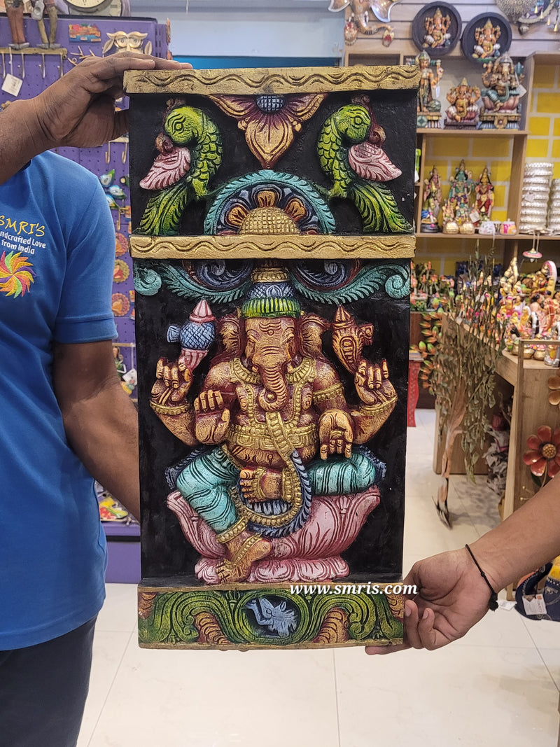 Lord Ganesha Vinayagar With 2 Parrots Wooden Wall Panel Frame Wall Handing Mahogany Wood Carving Traditional Chettinad Indian Handicrafts (24 H x 12 L x 2 W inches)