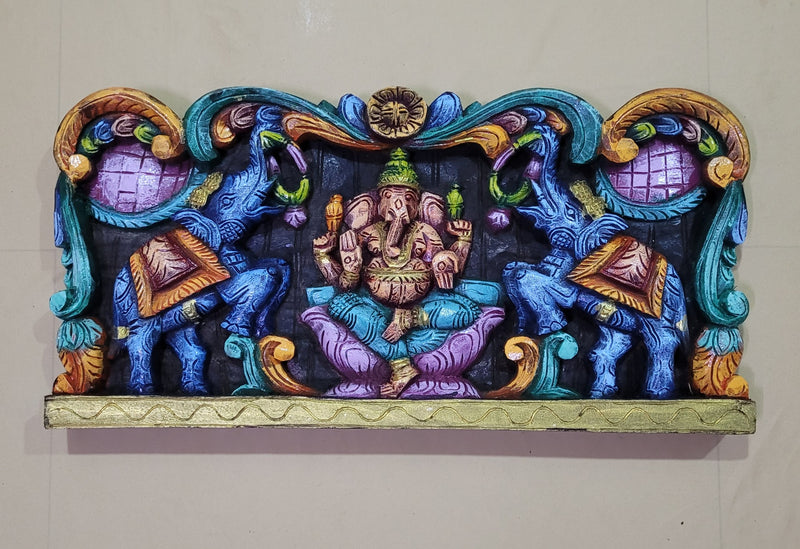 Lord Ganesha Vinayagar With 2 Elephants Wooden Wall Panel Frame 24 Inch Wall Hanging Design 1 Mahogany Wood Carving Traditional Chettinad Indian Handicrafts (12 H x 23.5 L x 2 W inches)