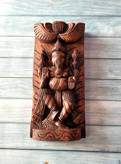 Lord Ganesh Vinayagar Wall Panel Frame Rosewood Colour Standing Posture Wall Handing Mahogany Wood Carving Traditional Chettinad Indian Handicrafts (12 H x 6 L x 2 W inches)