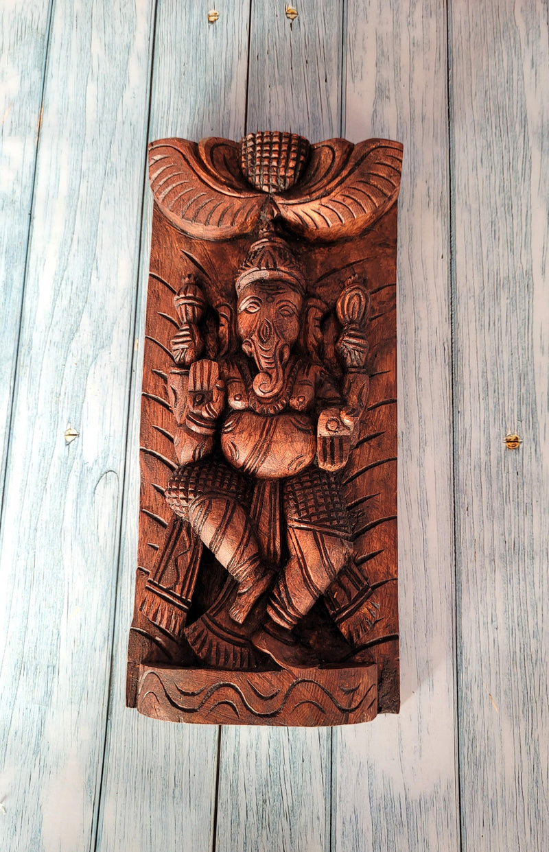 Lord Ganesh Vinayagar Wall Panel Frame Rosewood Colour Standing Posture Wall Handing Mahogany Wood Carving Traditional Chettinad Indian Handicrafts (12 H x 6 L x 2 W inches)
