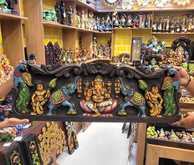Gaja Ganesha With Double Peacock & Elephant 36 Inch Vagai Wooden Carving Wall Panel Frame Wall Hanging Pooja Decor (12H x 36L x 2W Inches)