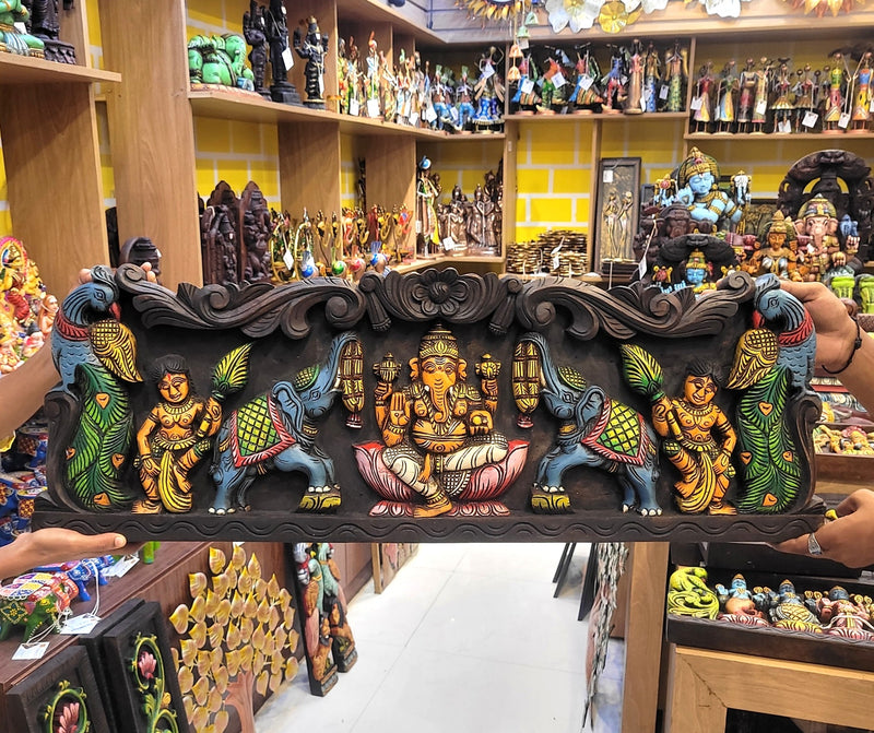 Gaja Ganesha With Double Peacock & Elephant 36 Inch Vagai Wooden Carving Wall Panel Frame Wall Hanging Pooja Decor (12H x 36L x 2W Inches)