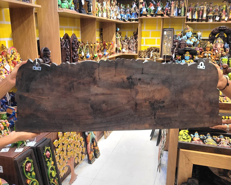 Gaja Ganesha With Double Peacock & Elephant 36 Inch Vagai Wooden Carving Wall Panel Frame Wall Hanging Pooja Decor (12H x 36L x 2W Inches)