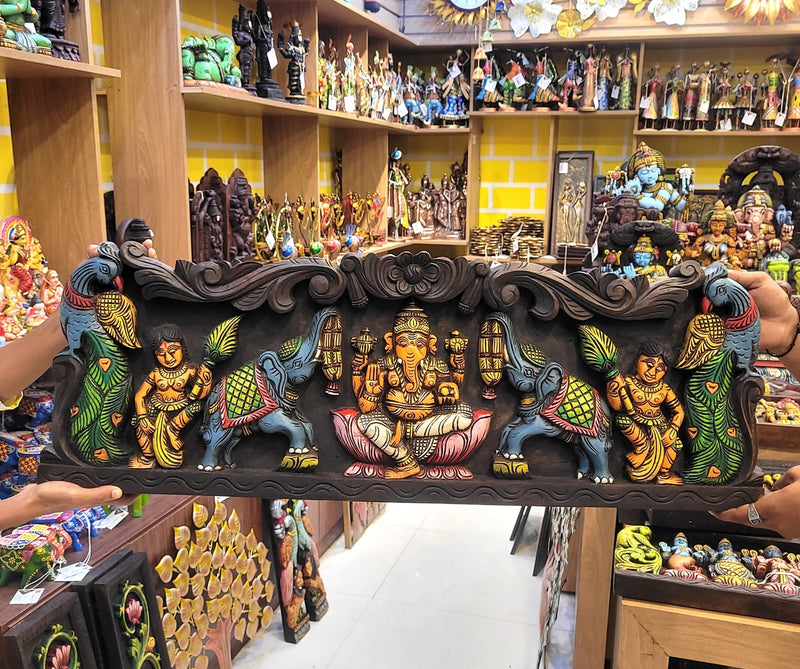 Gaja Ganesha With Double Peacock & Elephant 36 Inch Vagai Wooden Carving Wall Panel Frame Wall Hanging Pooja Decor (12H x 36L x 2W Inches)