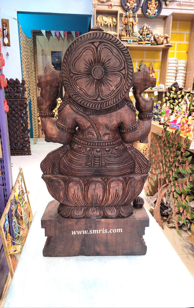 Lord Ganesha / Vinayagar Trunk Right Side Wooden Statue Sculpture Idol Rosewood Colour 31 Inch Design 1 Vaagai Wooden Carving Pooja Idol Table Decor Traditional Chettinad Indian Handicrafts (31H x 15L x 6W Inches)