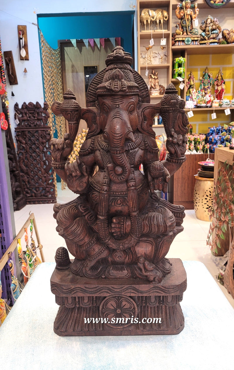 Wood carving Lord Ganesha / Vinayagar Trunk Right Side Wooden Statue Sculpture Idol Rosewood Colour 24 Inch Design 1 Vaagai Wooden Carving Pooja Idol Table Decor Traditional Chettinad Indian Handicrafts (24H x 12L x 5W Inches)