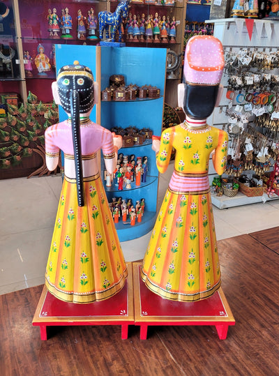 Gangaur Rajasthani Traditional Shiva Parvati Sivan Parvathi Subhamangalyam Yellow & Pink Show Piece Couple Pair Set Big (20H x 7L x 7W Inches)