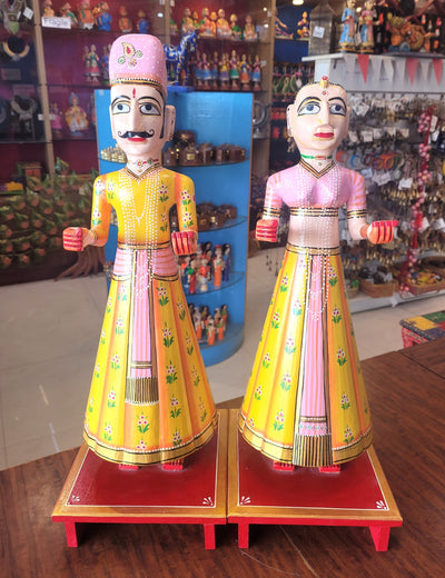 Gangaur Rajasthani Traditional Shiva Parvati Sivan Parvathi Subhamangalyam Yellow & Pink Show Piece Couple Pair Set Big (20H x 7L x 7W Inches)
