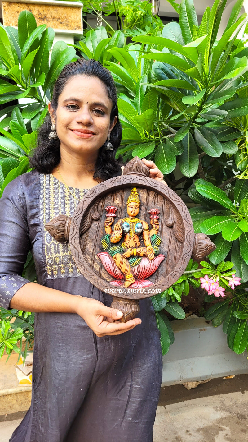 Goddess Lakshmi Round Wall Panel Frame Pooja Idol Wall Handing Mahogany Wood Carving Traditional Chettinad Indian Handicrafts Color 2(16 H x 16 L x 2 W inches)