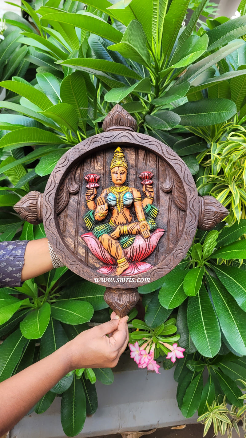 Goddess Lakshmi Round Wall Panel Frame Pooja Idol Wall Handing Mahogany Wood Carving Traditional Chettinad Indian Handicrafts Color 2(16 H x 16 L x 2 W inches)