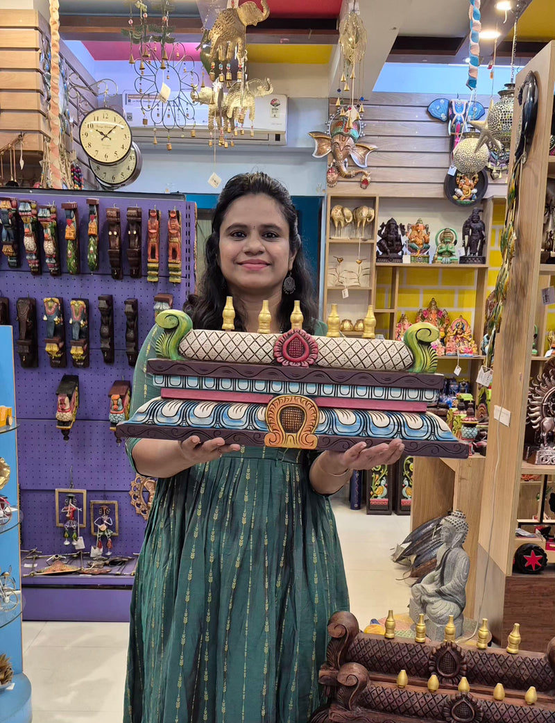 Gopuram Wood Carving 2 Feet x 9 Inches Wall Hanging White Blue Colour Combo Mahogany Wood Pooja Room Entrance Door Traditional Chettinad Indian Handicrafts (9H x 24L x 2W Inches)