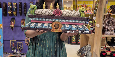 Gopuram Wood Carving 2 Feet x 9 Inches Wall Hanging White Blue Colour Combo Mahogany Wood Pooja Room Entrance Door Traditional Chettinad Indian Handicrafts (9H x 24L x 2W Inches)