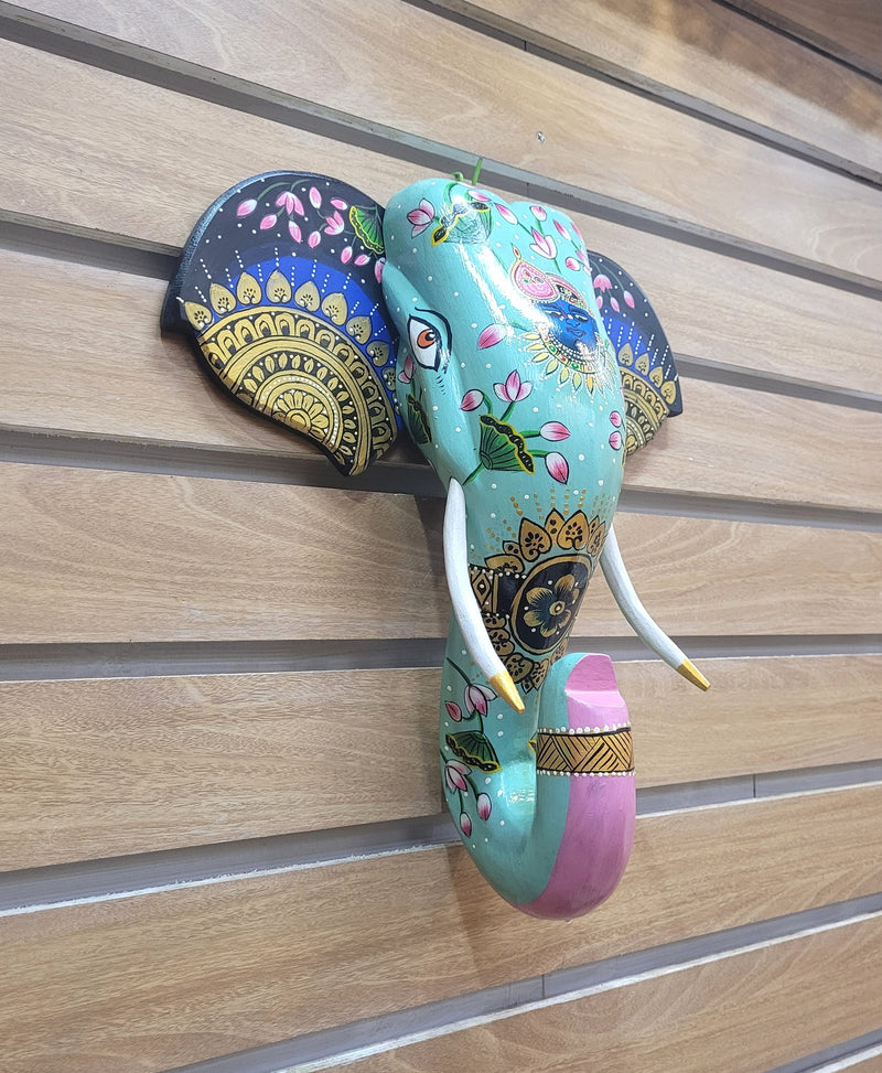 Elephant Head Pichawai Painting Mango Solid Wood Green with Blue Shrinathji / Perumal Wall Decor Indian Handicrafts Traditional Foyer Entrance Vastu Decor (15.5H, 14 L, 4.5 W) Inches