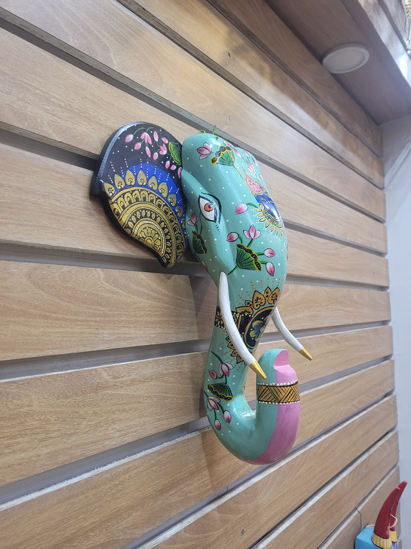 Elephant Head Pichawai Painting Mango Solid Wood Green with Blue Shrinathji / Perumal Wall Decor Indian Handicrafts Traditional Foyer Entrance Vastu Decor (15.5H, 14 L, 4.5 W) Inches