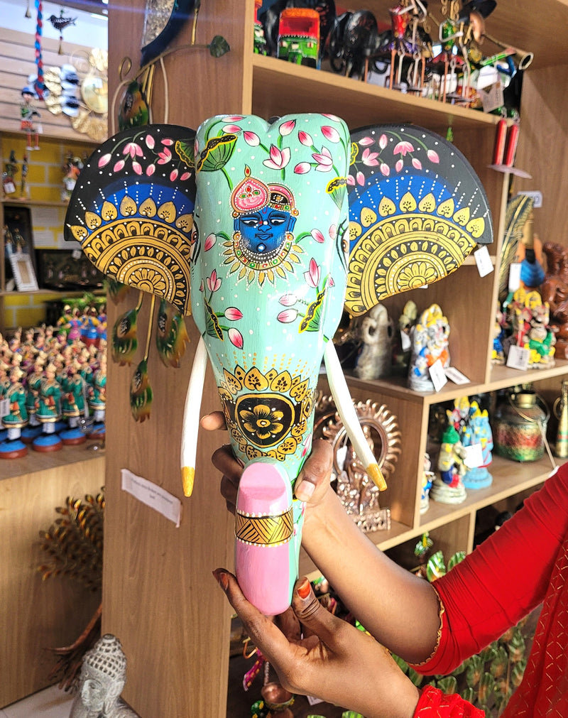 Elephant Head Pichawai Painting Mango Solid Wood Green with Blue Shrinathji / Perumal Wall Decor Indian Handicrafts Traditional Foyer Entrance Vastu Decor (15.5H, 14 L, 4.5 W) Inches