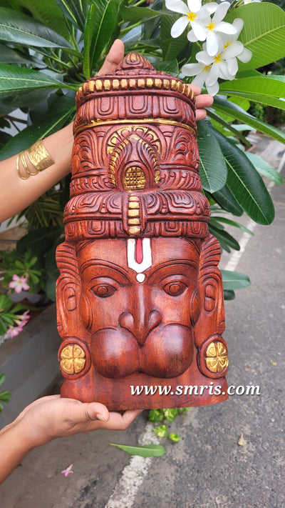 Hanuman Face Mask Wall Panel Mahogany Wood Carving Wall Hanging Pooja Decor Traditional Indian Handicrafts (18H x 9L x 2W Inches)