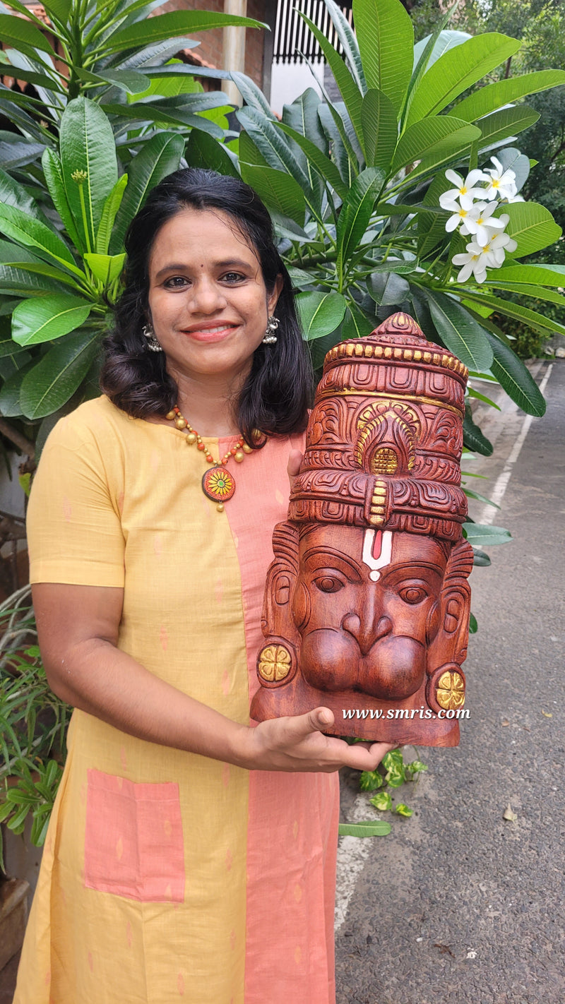 Hanuman Face Mask Wall Panel Mahogany Wood Carving Wall Hanging Pooja Decor Traditional Indian Handicrafts (18H x 9L x 2W Inches)