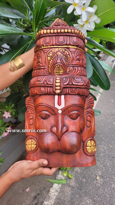 Hanuman Face Mask Wall Panel Mahogany Wood Carving Wall Hanging Pooja Decor Traditional Indian Handicrafts (18H x 9L x 2W Inches)