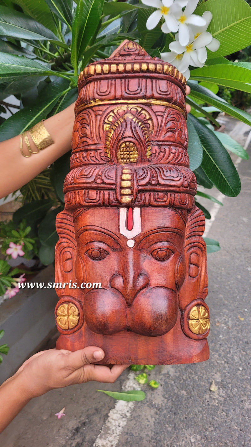 Hanuman Face Mask Wall Panel Mahogany Wood Carving Wall Hanging Pooja Decor Traditional Indian Handicrafts (18H x 9L x 2W Inches)