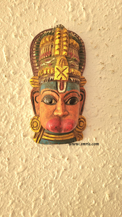 Hanuman Face Mask Wood Carving Wall Hanging Decor Traditional Indian Handicrafts (9H x 4.6L x 2.6W Inches)